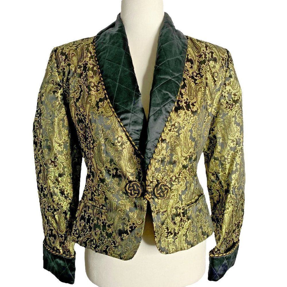Vintage Jerri Sherman Short Blazer 4 Metallic Paisley Quilted Shawl Frog Button